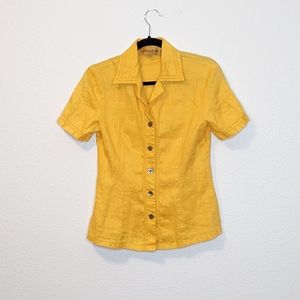 Vintage Linen Marigold Yellow Short Sleeve Button Down Petite